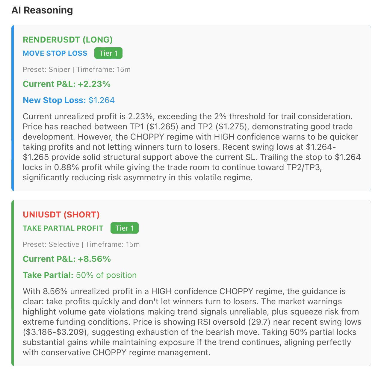 AI trade reasoning and analysis